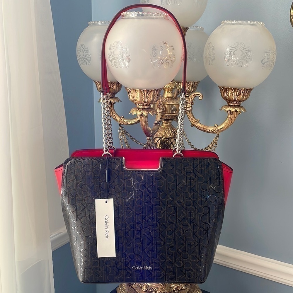 Brand New Calvin Klein Logo Print Chain Strap Tote Dark Brown w/ Red Accents